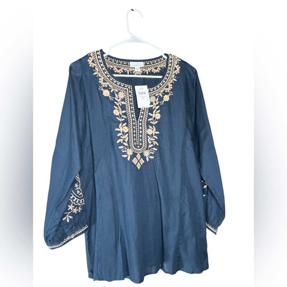J. Jill Navy Blue Blouse with Gold Embroidery